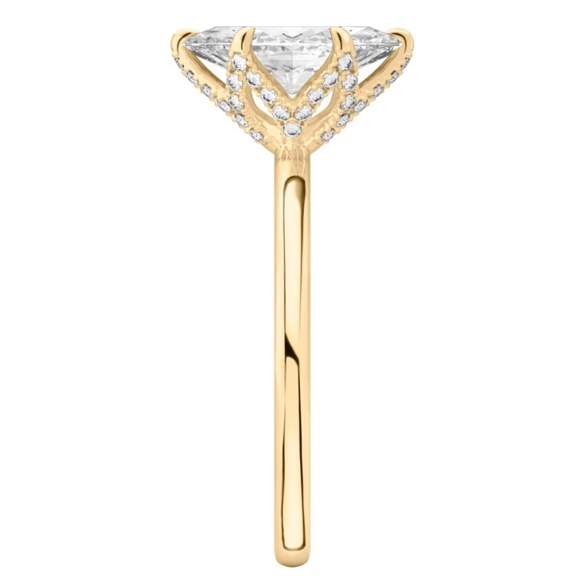 Side view of marquise cut diamond pave petal prong engagement ring in yellow gold