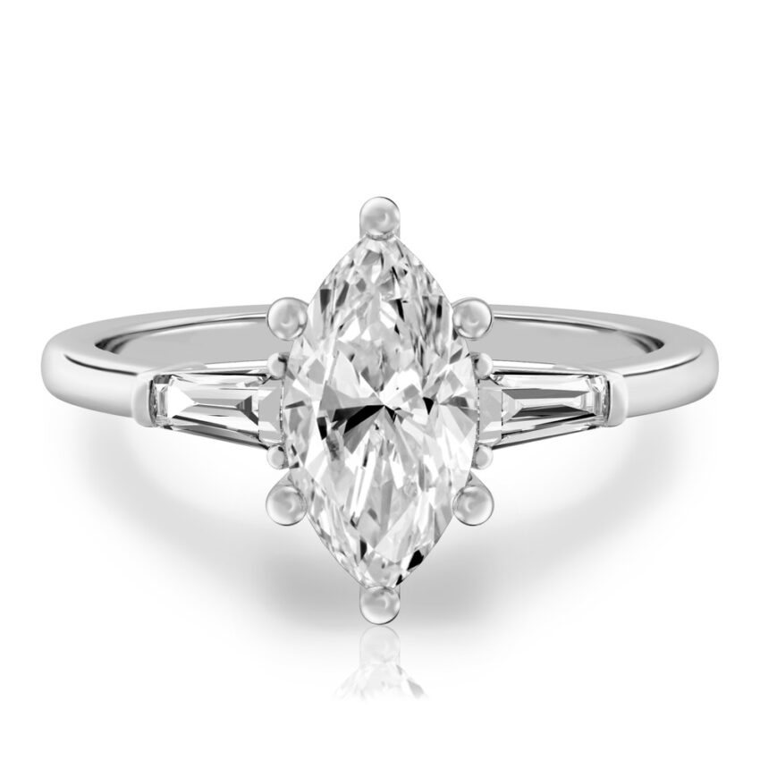 marquise cut diamond tapered baguette engagement ring in palladium