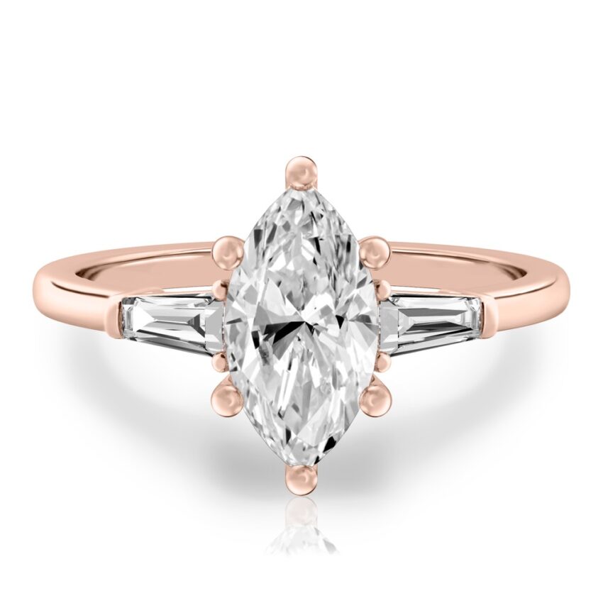 marquise cut diamond tapered baguette engagement ring in rose gold