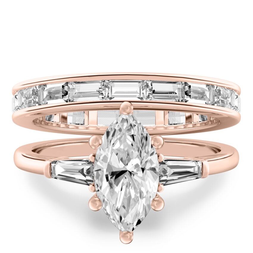 marquise cut diamond tapered baguette engagement ring set rose gold