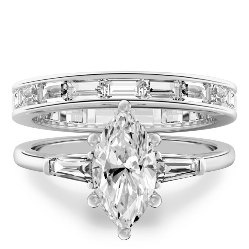 marquise cut diamond tapered baguette engagement ring set white gold