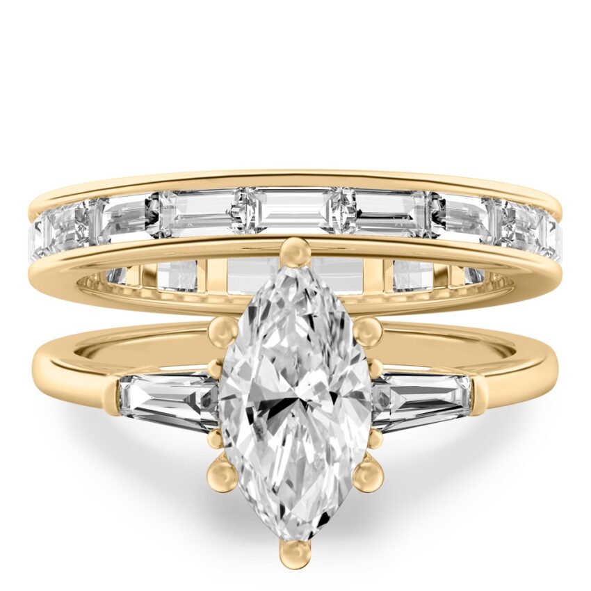 marquise cut diamond tapered baguette engagement ring set yellow gold