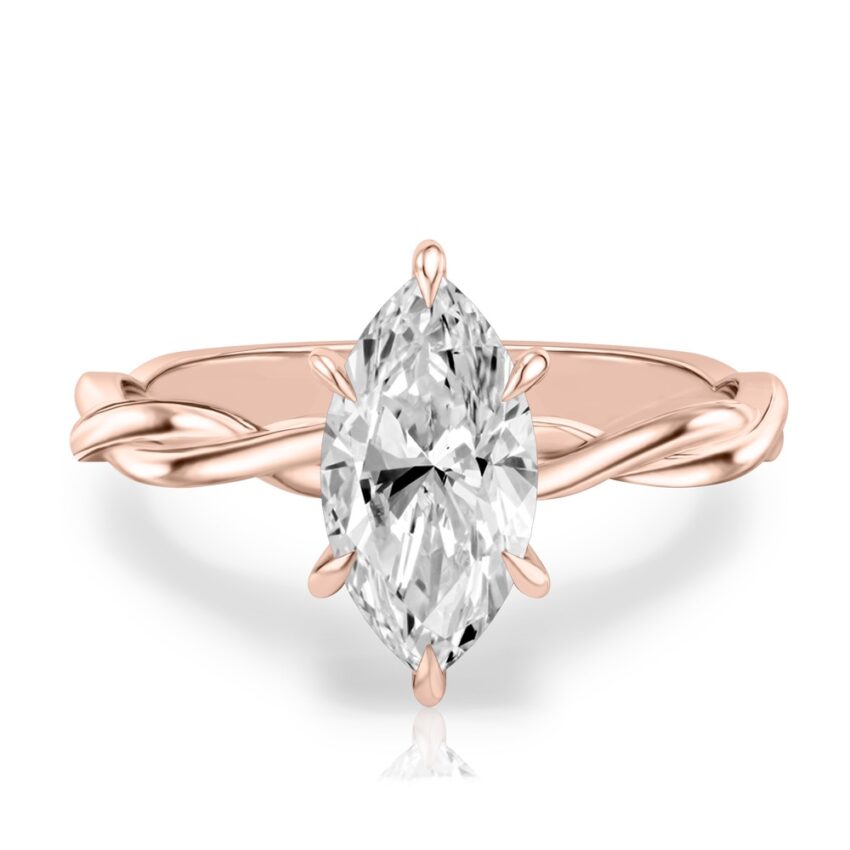 marquise cut diamond twisted hidden halo engagement ring in rose gold