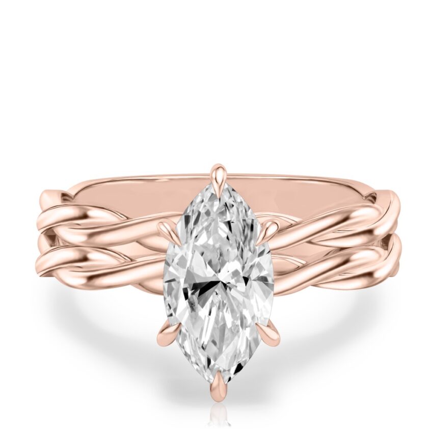 marquise cut diamond twisted hidden halo engagement ring set rose gold