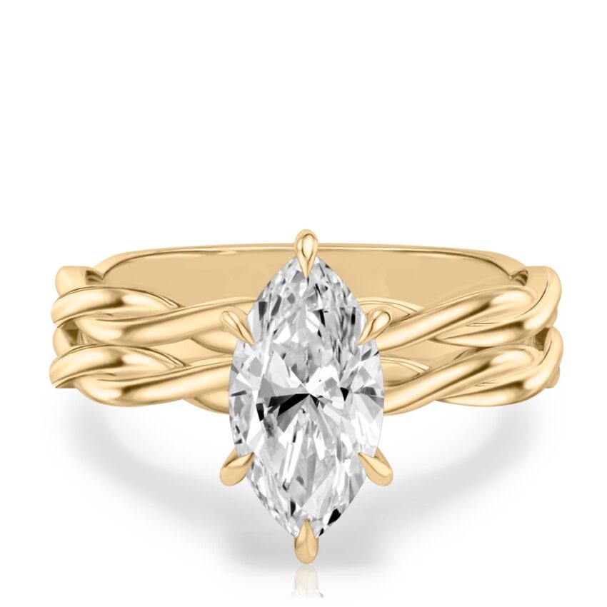marquise cut diamond twisted hidden halo engagement ring set yellow gold