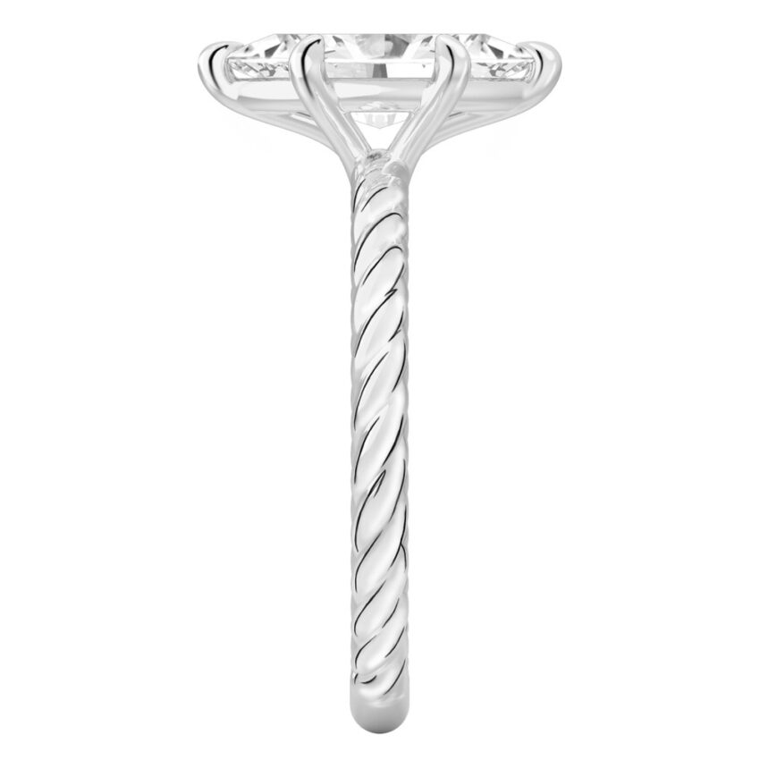 Side view of marquise cut diamond twisted rope engagement ring in palladium