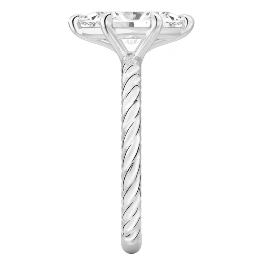 Side view of marquise cut diamond twisted rope engagement ring in platinum
