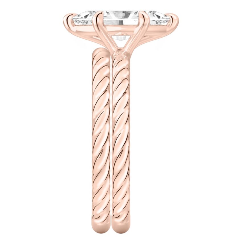Side view of marquise cut diamond twisted rope engagement ring set rose gold
