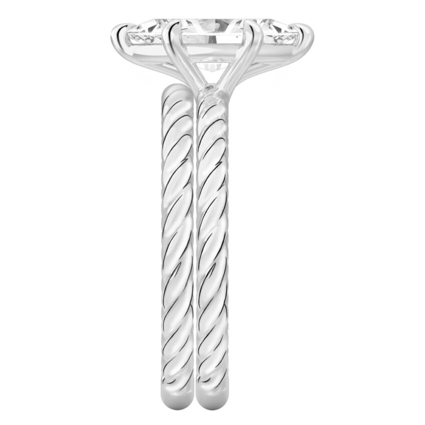 Side view of marquise cut diamond twisted rope engagement ring set white gold