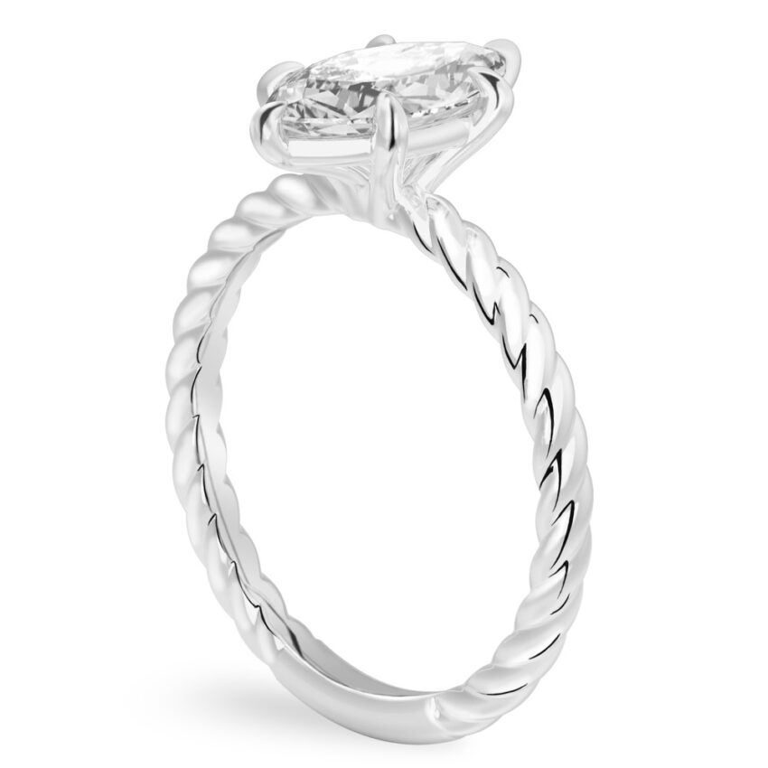 Angle view of marquise cut diamond twisted rope engagement ring in white gold