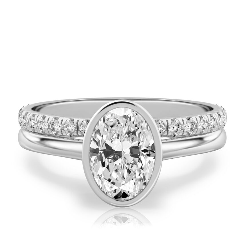 oval shape diamond bezel engagement ring set white gold