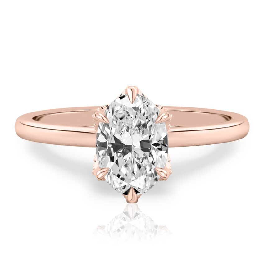 oval shape diamond pave petal prong engagement ring in rose gold