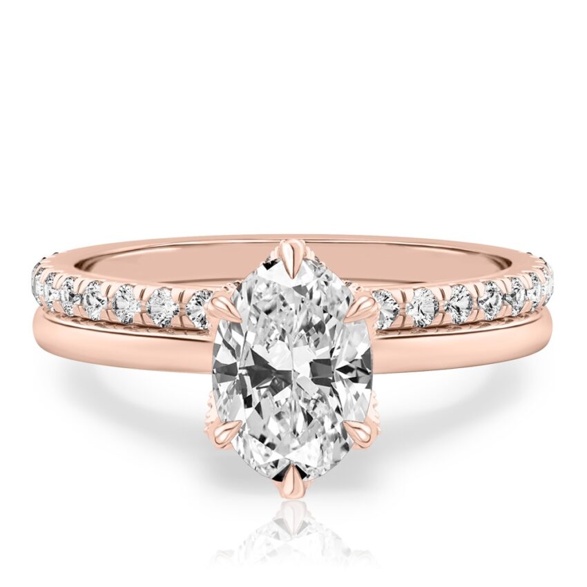 oval shape diamond pave petal prong engagement ring set rose gold