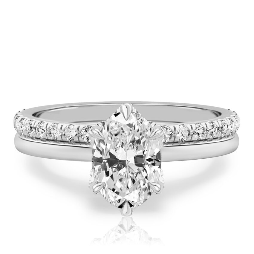oval shape diamond pave petal prong engagement ring set white gold