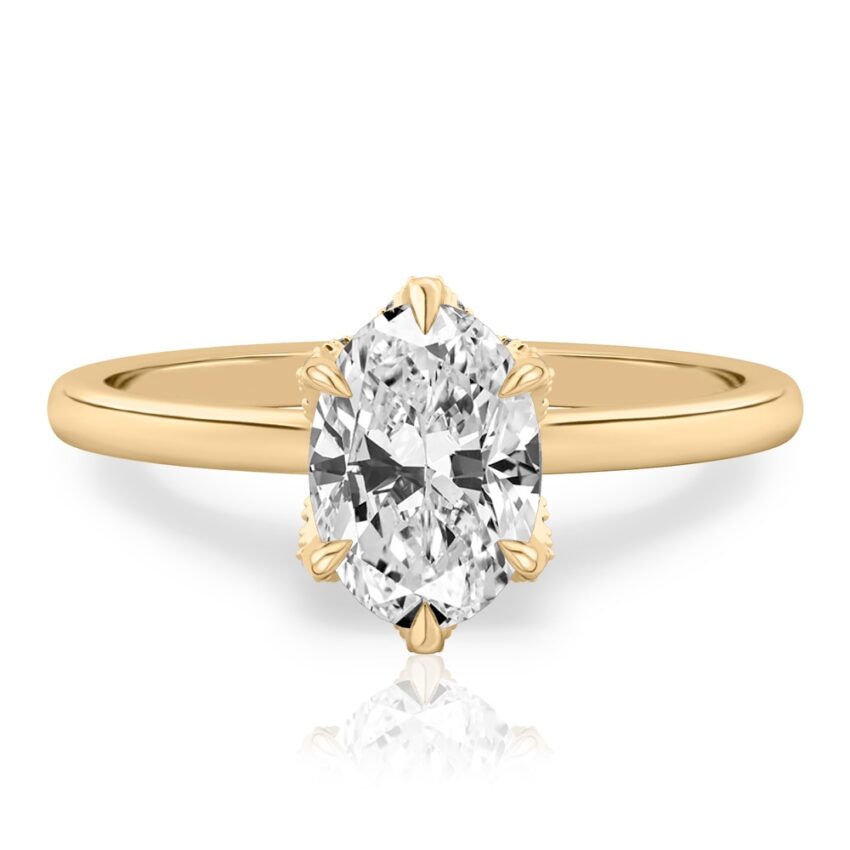 oval shape diamond pave petal prong engagement ring in yellow gold