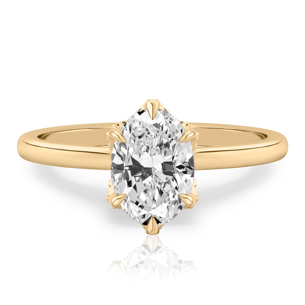 oval shape diamond pave petal prong engagement ring in yellow gold