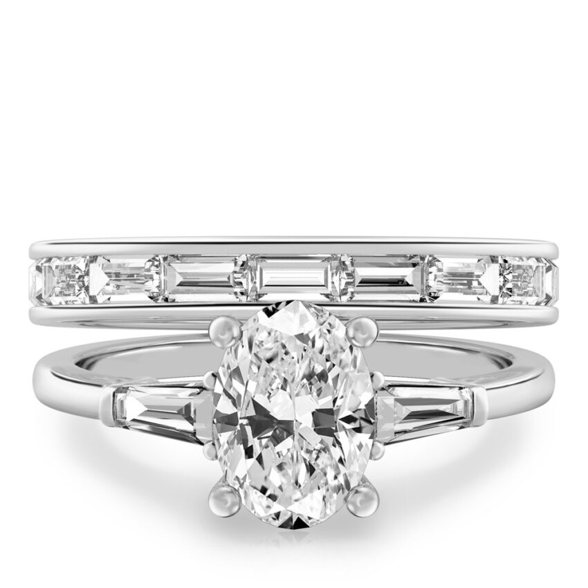 oval shape diamond tapered baguette engagement ring set palladium