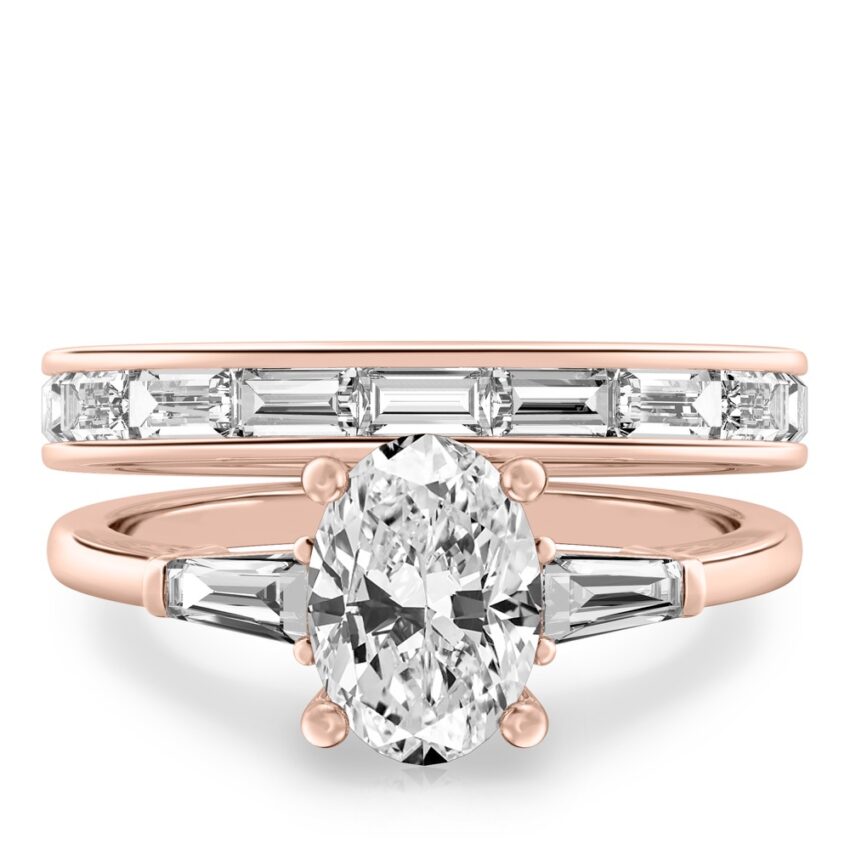 oval shape diamond tapered baguette engagement ring set rose gold