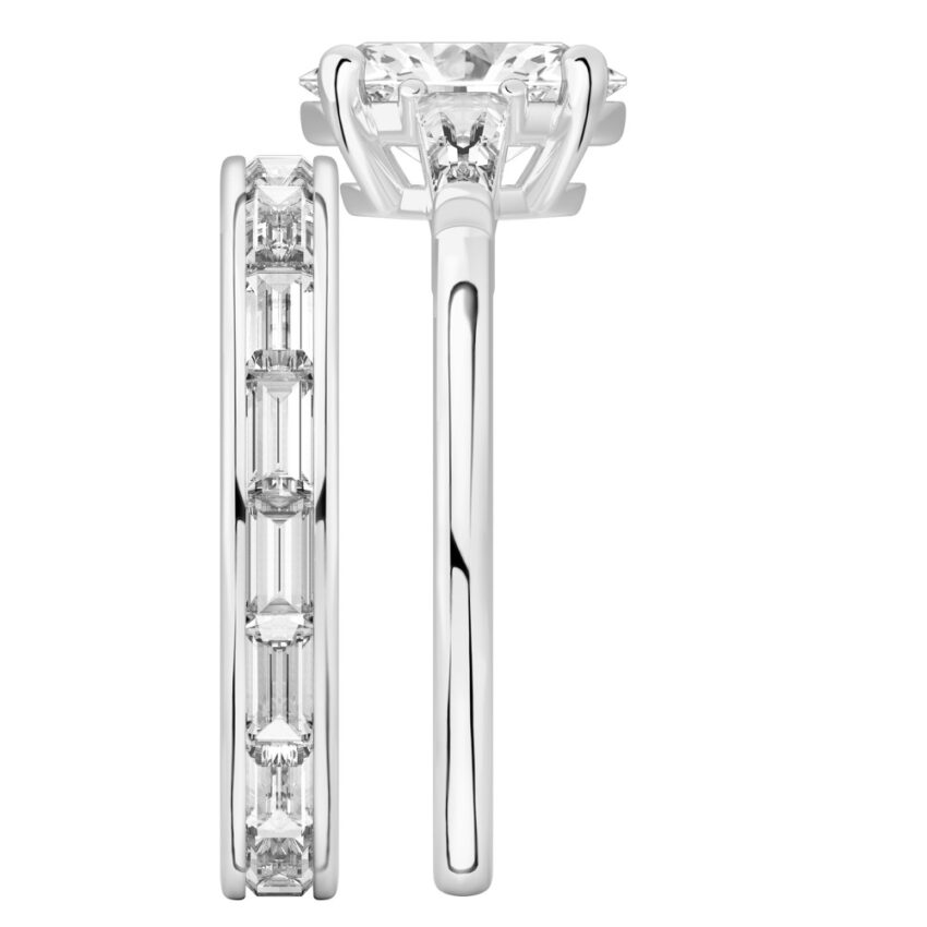 Side view of oval shape diamond tapered baguette engagement ring set white gold