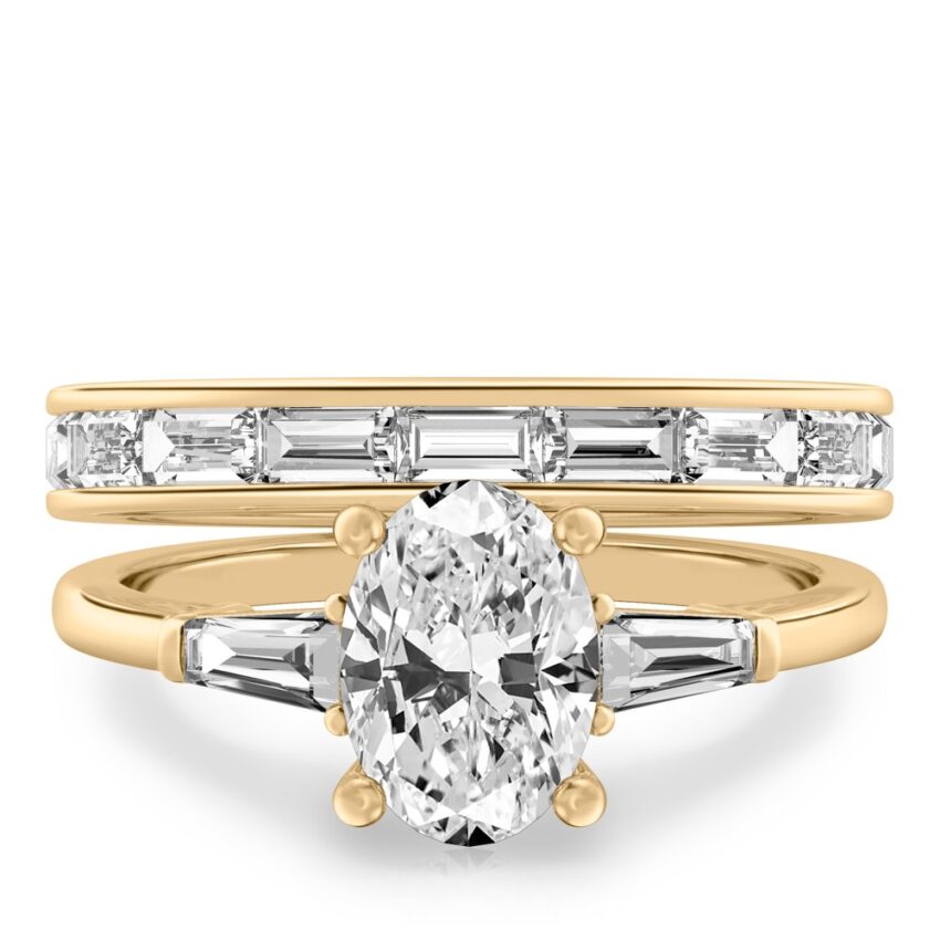 oval shape diamond tapered baguette engagement ring set yellow gold