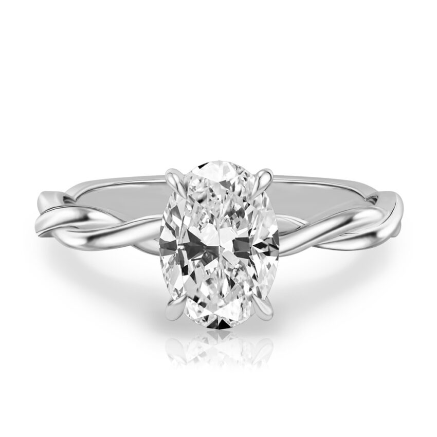oval shape diamond twisted hidden halo engagement ring in palladium