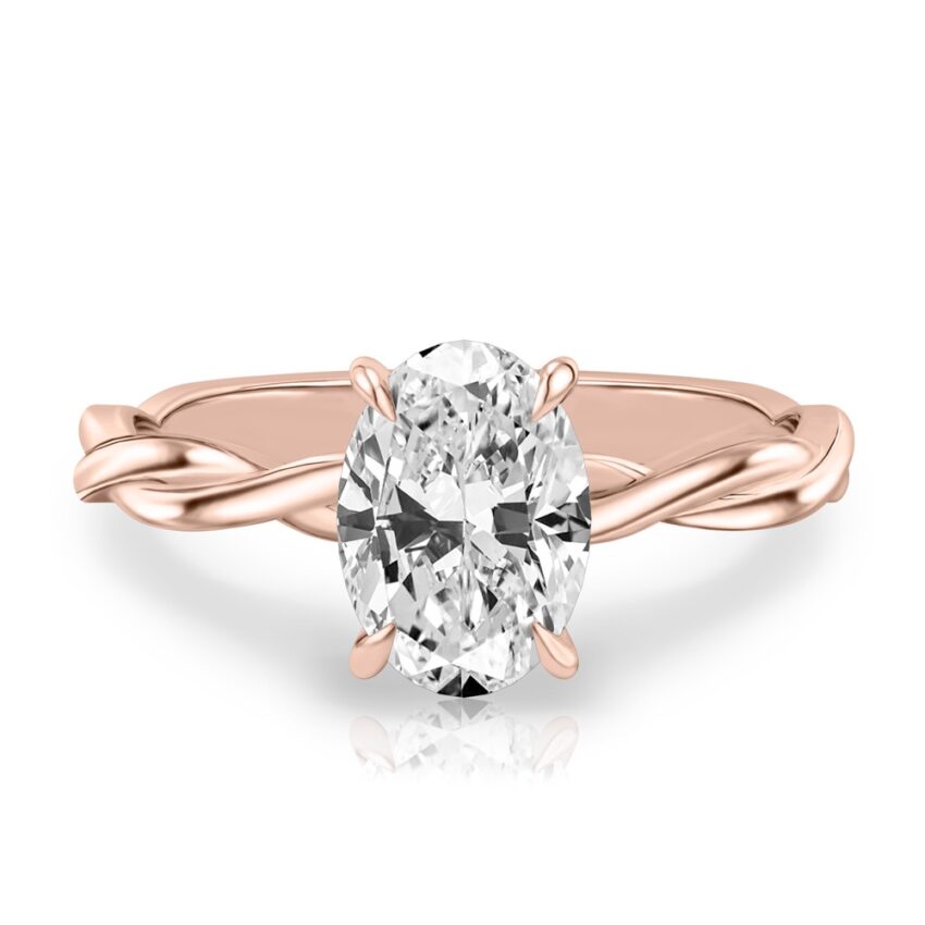 oval shape diamond twisted hidden halo engagement ring in rose gold
