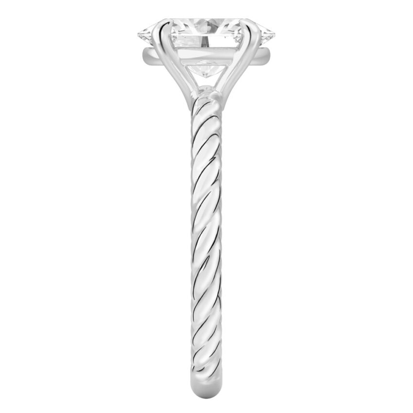 Side view of oval shape diamond twisted rope engagement ring in platinum