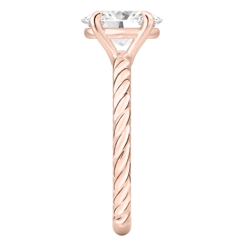 Side view of oval shape diamond twisted rope engagement ring in rose gold