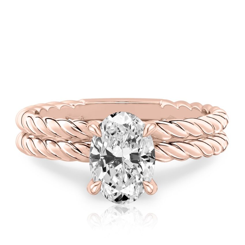 oval shape diamond twisted rope engagement ring set rose gold