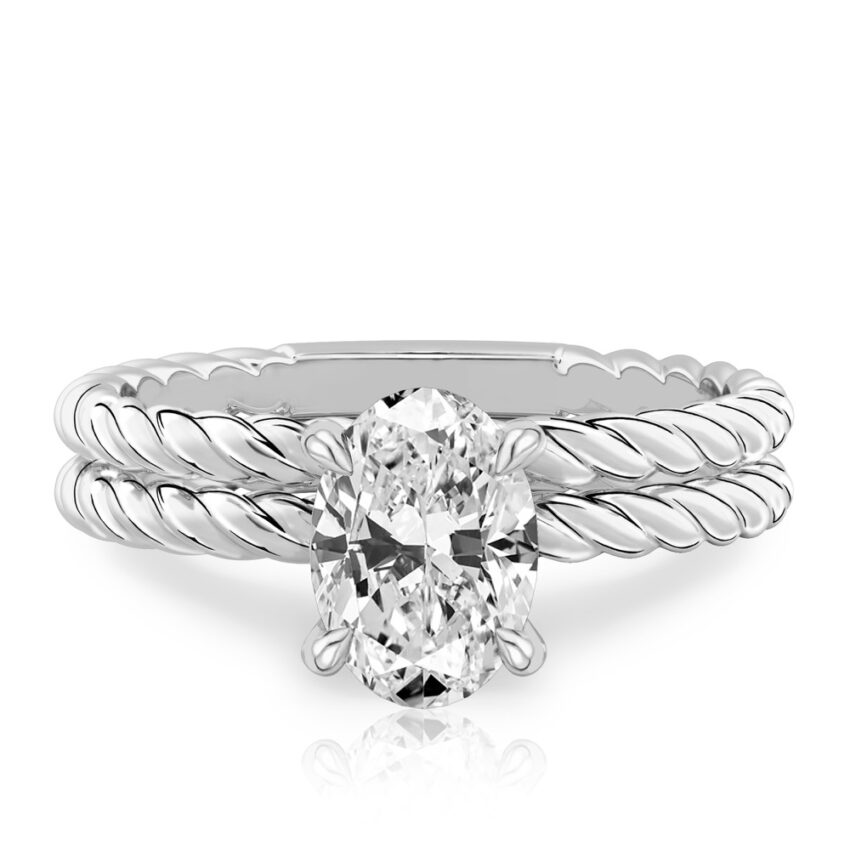 oval shape diamond twisted rope engagement ring set white gold