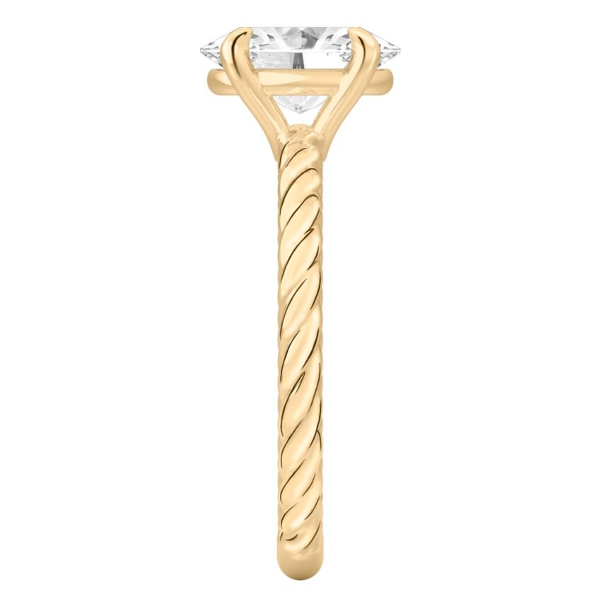 Side view of oval shape diamond twisted rope engagement ring in yellow gold