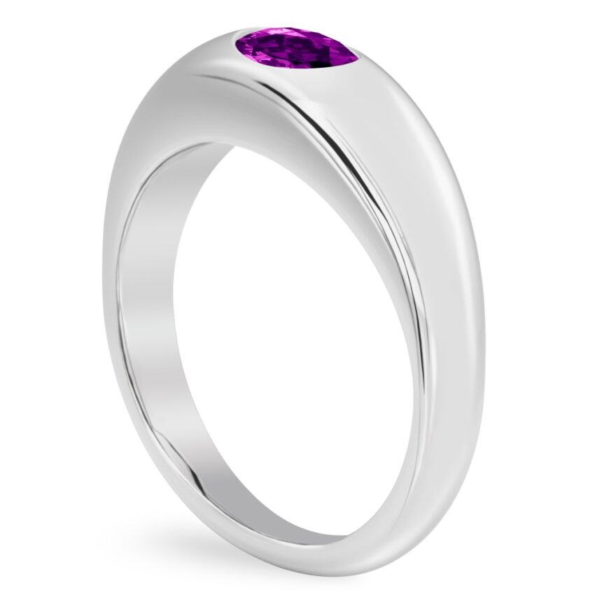 Angle view of oval shape february birthstone dome ring white gold