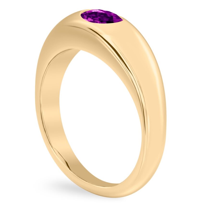 Angle view of oval shape february birthstone dome ring yellow gold