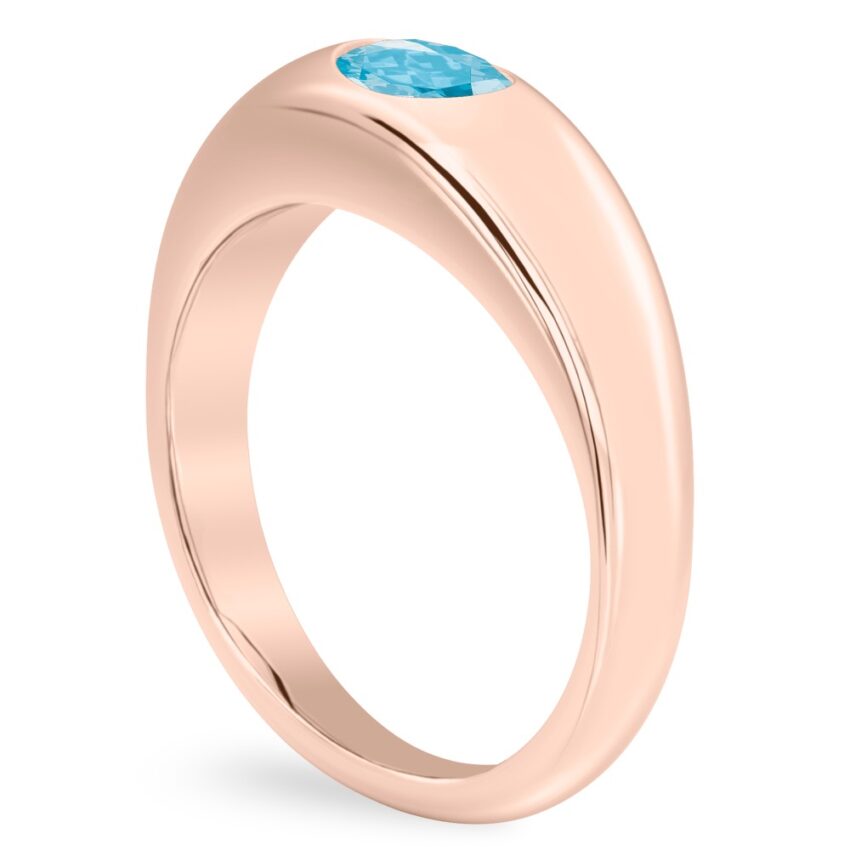 Angle view of oval shape march birthstone dome ring rose gold
