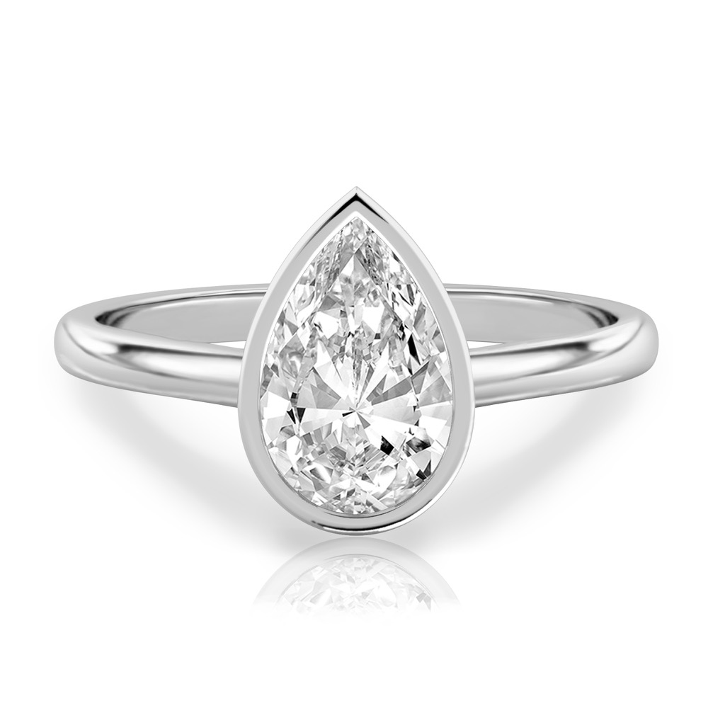pear shape diamond bezel engagement ring in platinum