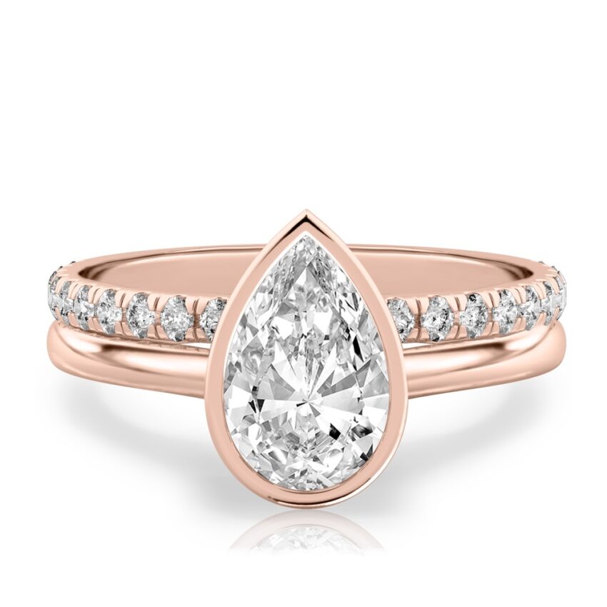 pear shape diamond bezel engagement ring set rose gold