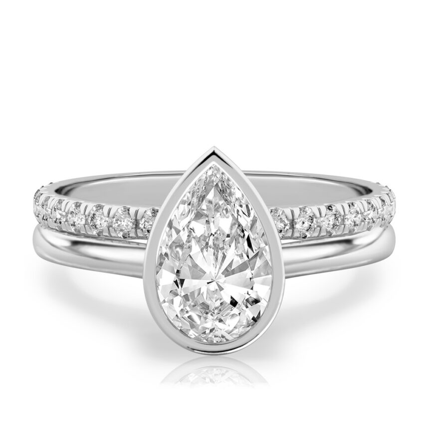 pear shape diamond bezel engagement ring set white gold