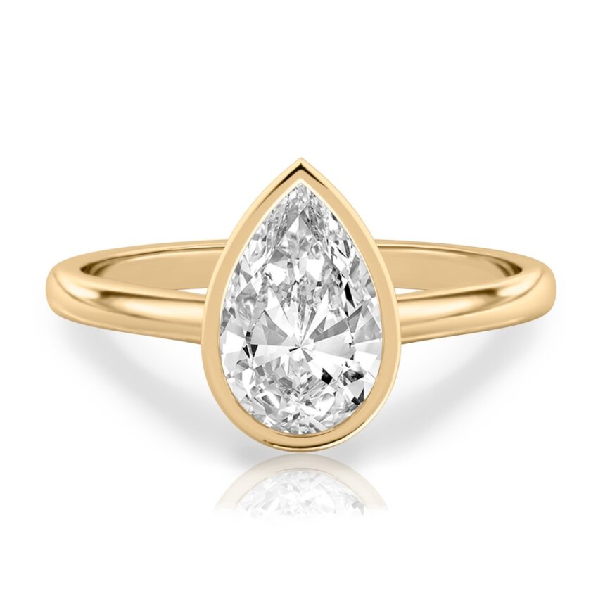 pear shape diamond bezel engagement ring in yellow gold
