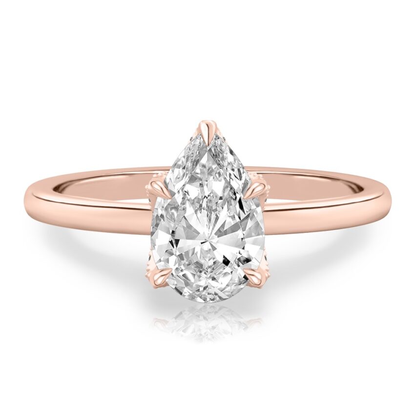 pear shape diamond pave petal prong engagement ring in rose gold