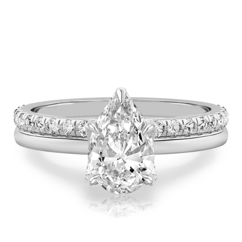 pear shape diamond pave petal prong engagement ring set platinum