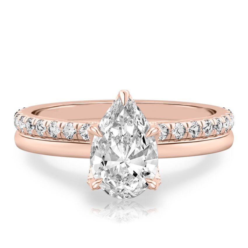 pear shape diamond pave petal prong engagement ring set rose gold