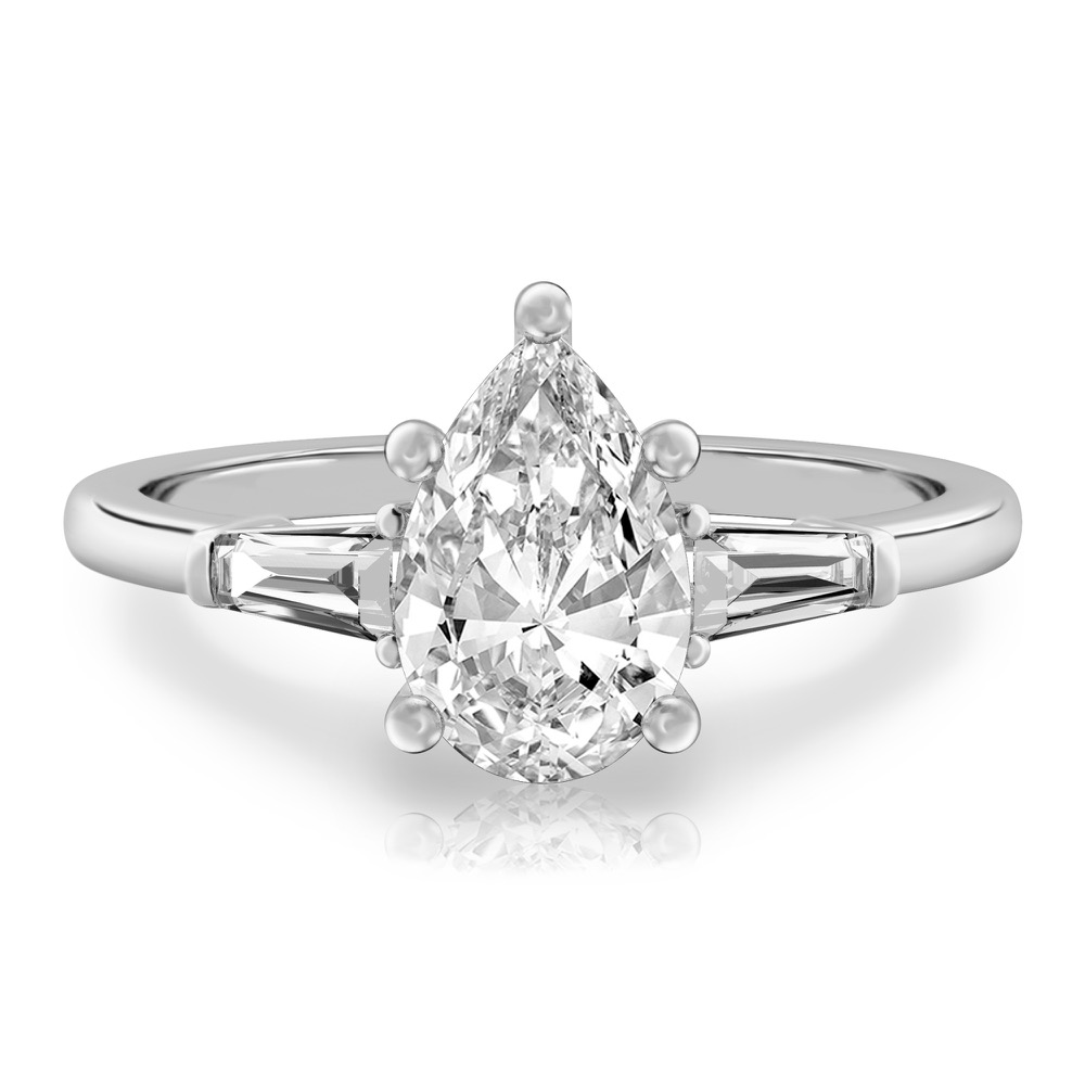 pear shape diamond tapered baguette engagement ring in platinum
