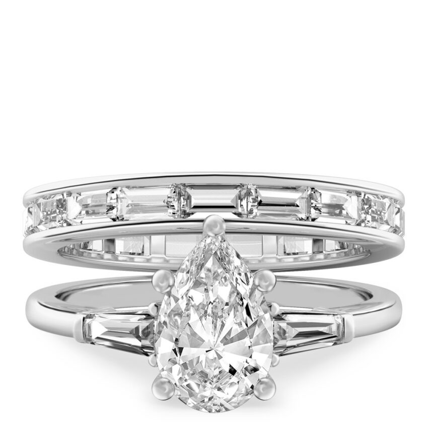 pear shape diamond tapered baguette engagement ring set white gold