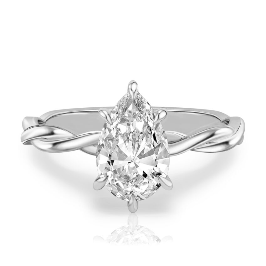 pear shape diamond twisted hidden halo engagement ring in platinum