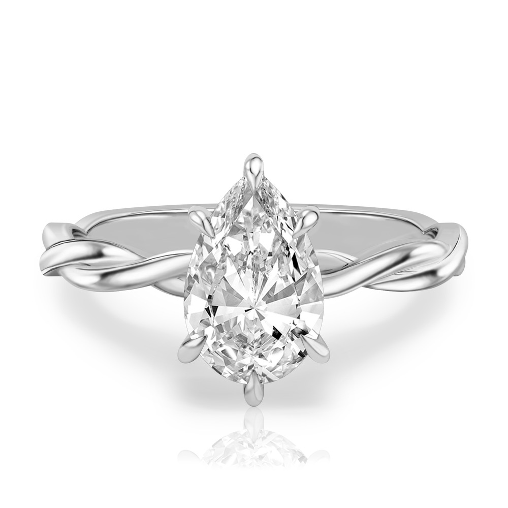 pear shape diamond twisted hidden halo engagement ring in white gold