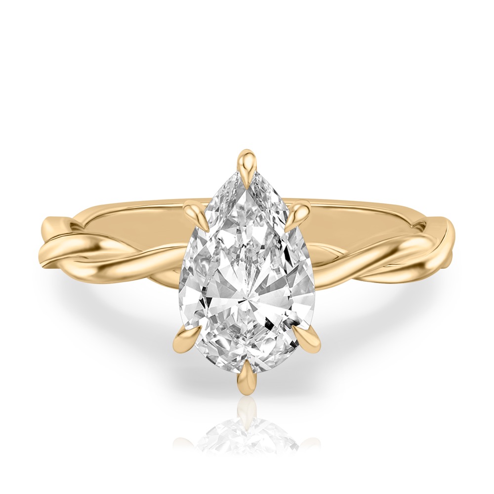 pear shape diamond twisted hidden halo engagement ring in yellow gold