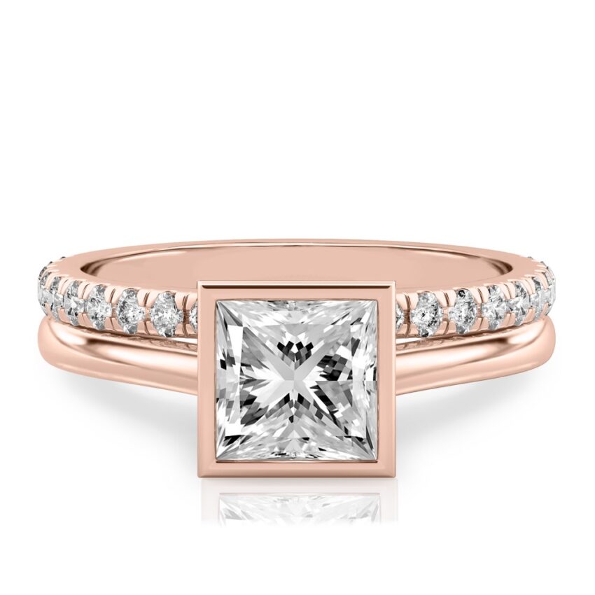 princess cut diamond bezel engagement ring set rose gold