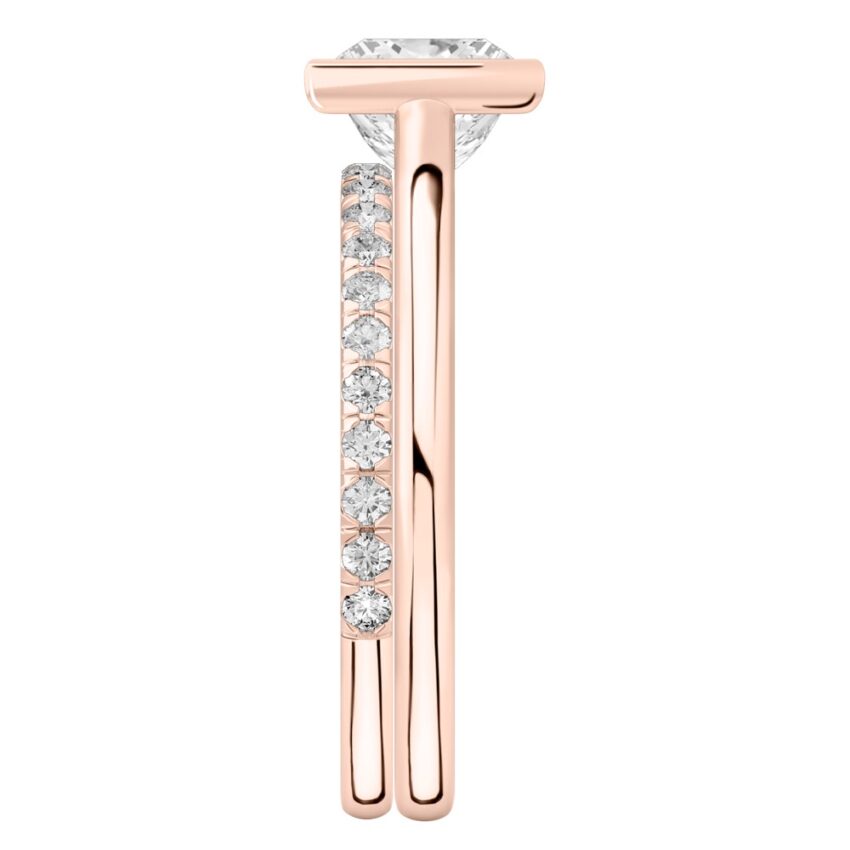 Side view of princess cut diamond bezel engagement ring set rose gold