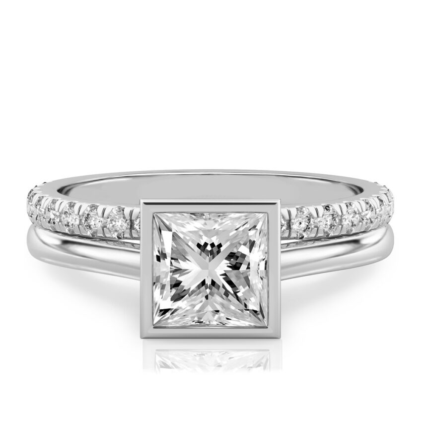 princess cut diamond bezel engagement ring set white gold