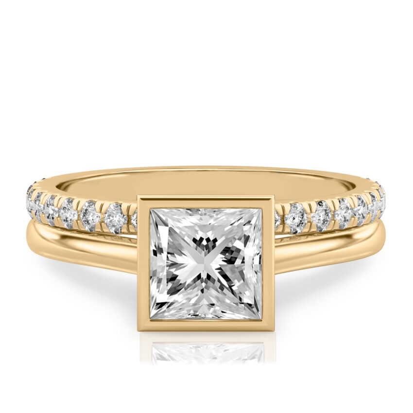 princess cut diamond bezel engagement ring set yellow gold